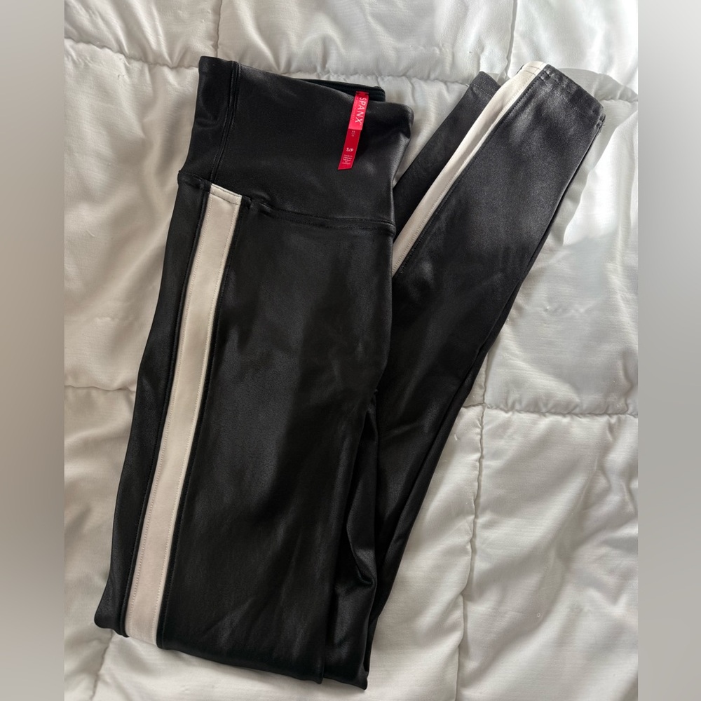 Spanx leggings size small: “leather” look with white/cream stripe down the legs